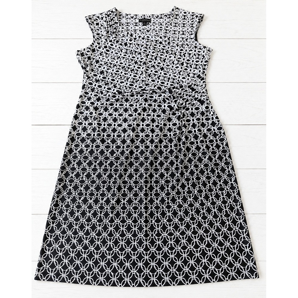 Connected Apparel Womens 16 Black White Geometric Print Sleeveless Sheath Dress